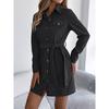 Herbst und Winter, Freizeit, Einfarbig, Einreihiges Kleid, Revers, Langärmelig, Schnürung, Kordstoff Hemdkleid, Damenbekleidung