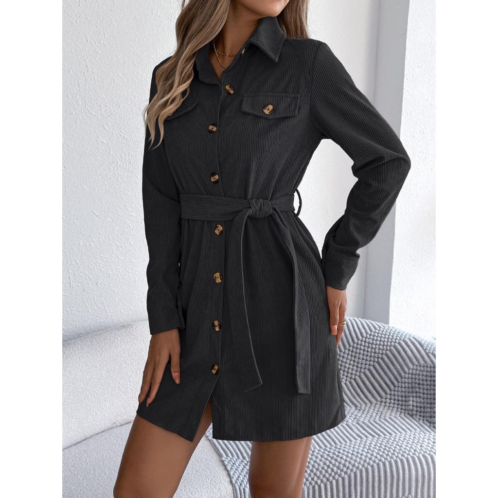 Herbst und Winter, Freizeit, Einfarbig, Einreihiges Kleid, Revers, Langärmelig, Schnürung, Kordstoff Hemdkleid, Damenbekleidung