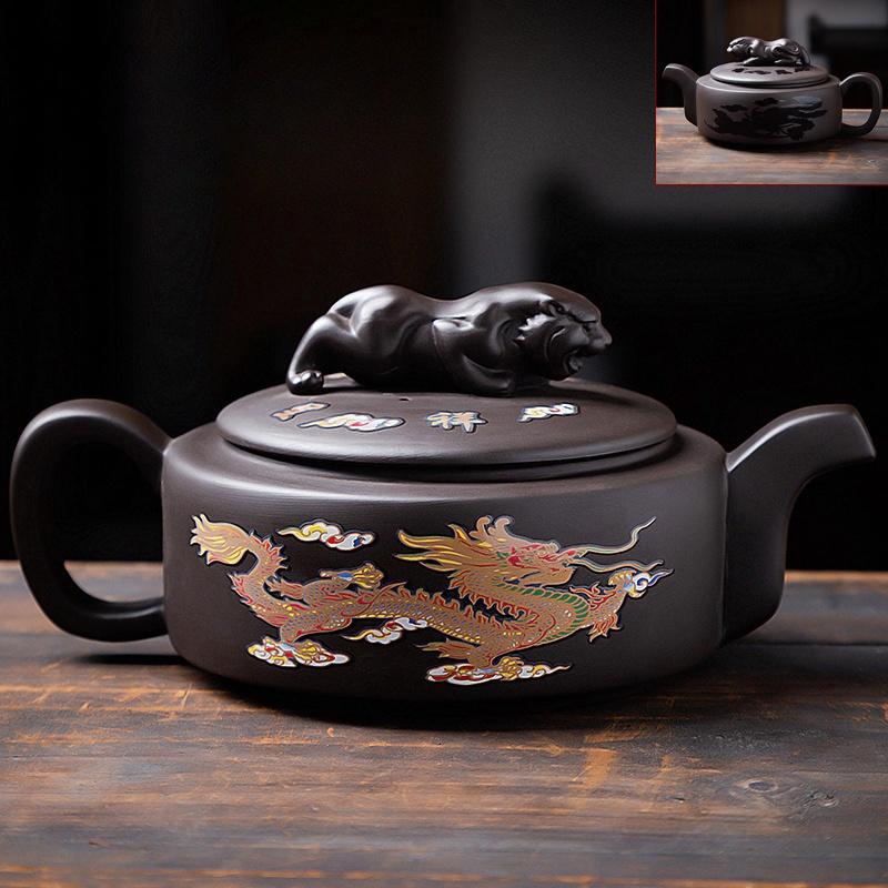 

220 мл Исинский фиолетовый глиняный горшок с изображением дракона и тигра, домашний китайский чайник с драконом и фениксом, меняющий цвет при нагревании