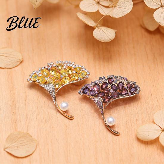 Women Brooch High-Gloss Rhinestone Inlay Faux Pearl Decor Ginkgo Leaf