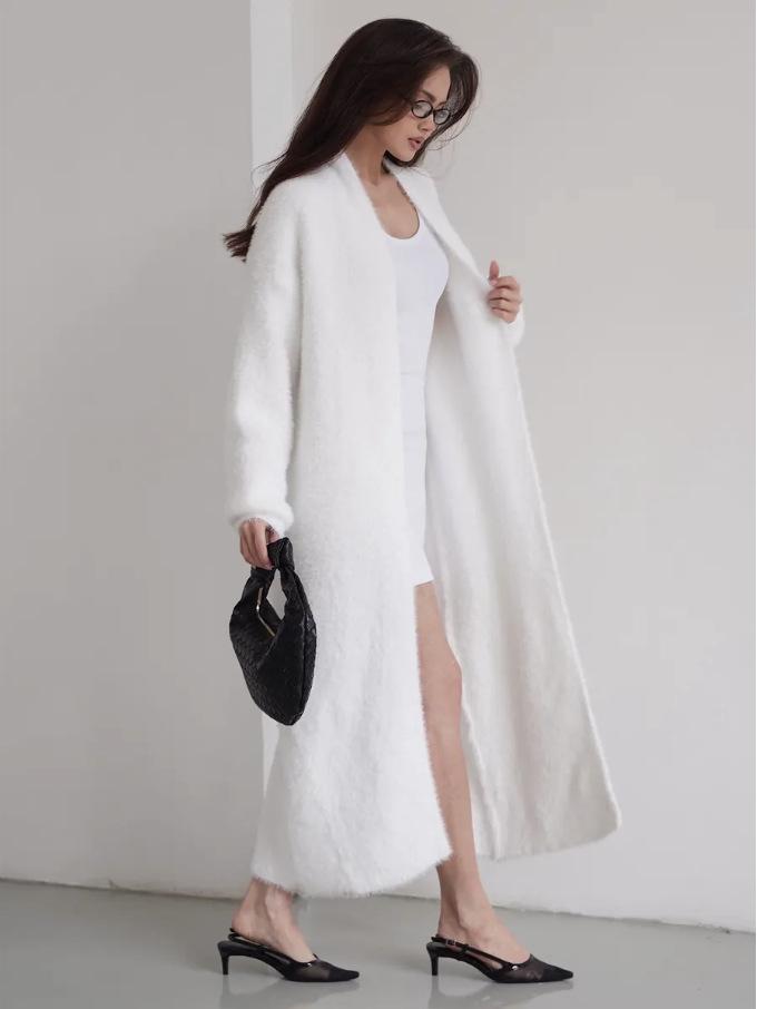 Длинный вязаный кардиган в стиле белого меха норки - Осенне-зимний стиль One Size