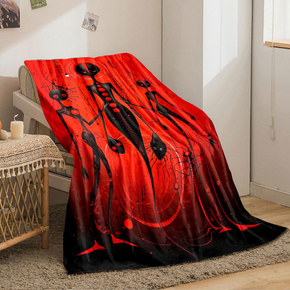 Alien-like Figures with Elongated Black Forms On a Vivid Red Abstract Background. for All Seasons Blanket Lunch Break Throw Gift