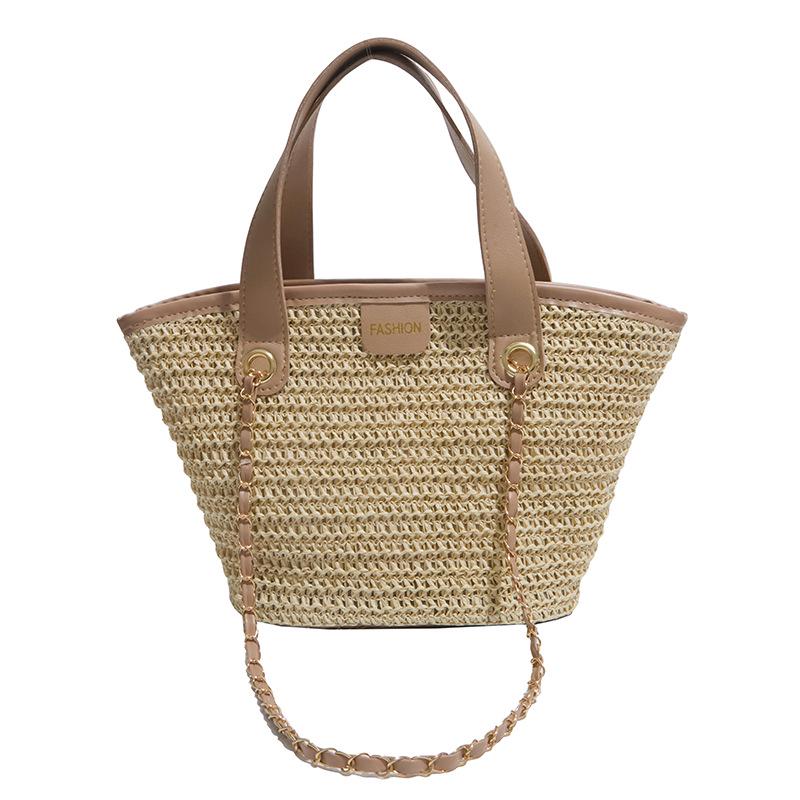 Women's 2026 Korean-Style Vacation Straw Bag: Handheld, Large Capacity, Chain Shoulder, Simple Fruit Basket Design