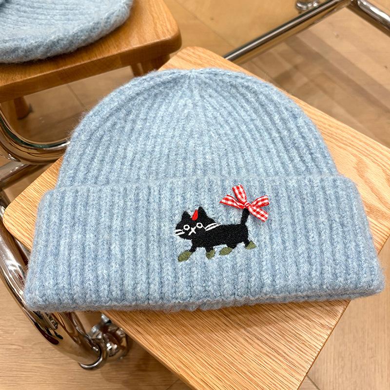 

Korean Style Cute and Sweet Embroidered Cat Bow Woolen Hat for Women College Style Knitted Hat Warm and Thickened Pullover Hat One Size