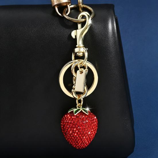 Keychain Pendant Rhinestones Inlaid Strawberry Shape Key Chain with Lobster Clasp Bag Charm Backpack Pendant Accessory