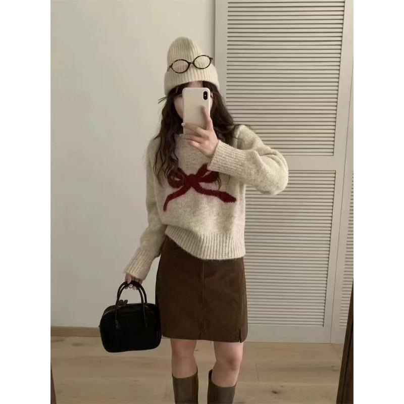 

Весенне-осенний новый вязаный свитер, милый свитер-пуловер с круглым вырезом и бантом, свободный короткий вязаный свитер-топ One size