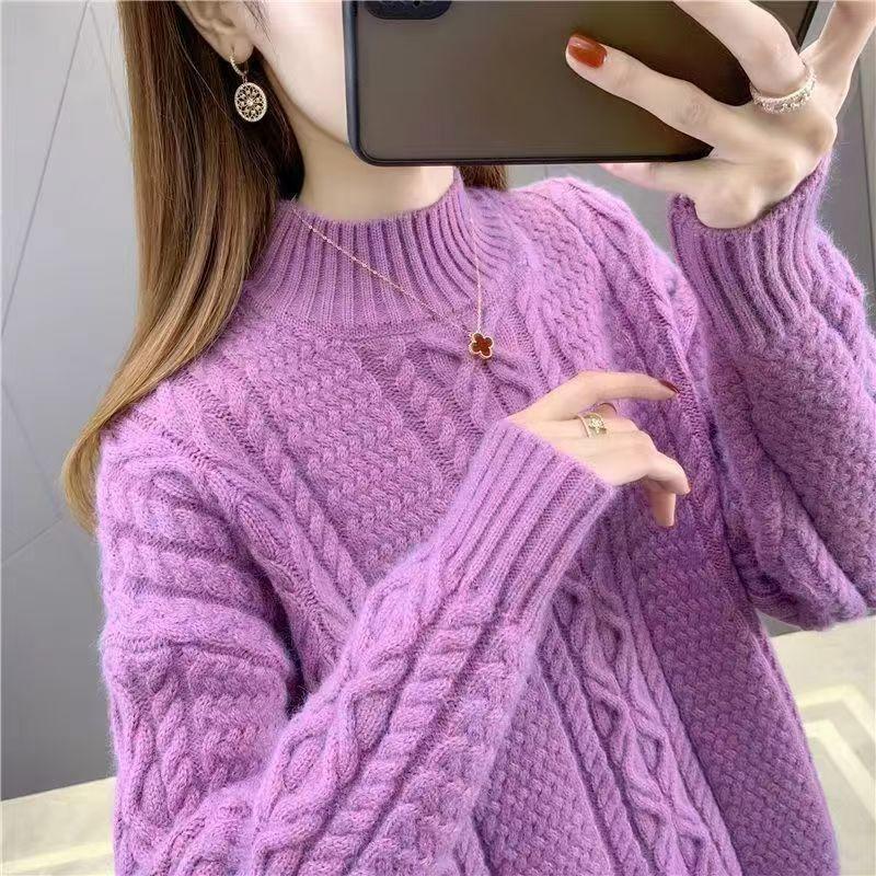 

Свитер с полувысоким воротником Fried Dough Twists для женского трикотажа на осень и зиму, свободное верхнее пальто, утолщенное нижнее пальто 3XL фиолетовый