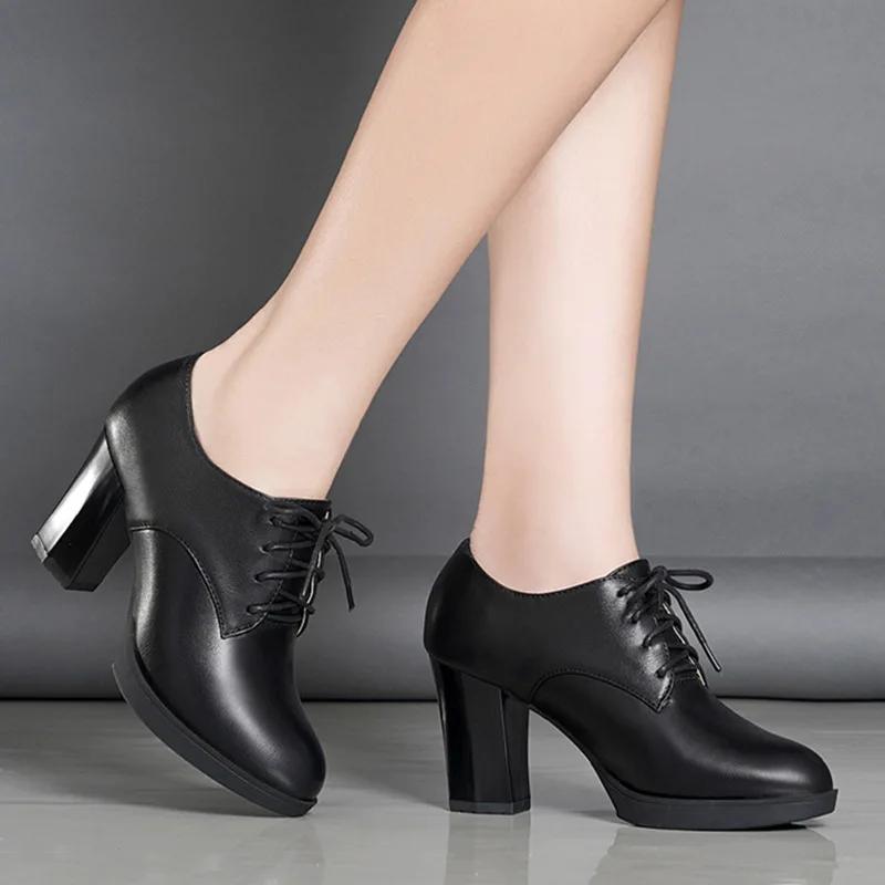 Women's High Heels Shoes Platform Bottom Black Work Shoes Woman Dress Spring Autumn Round Toe Thick Heel Big Size 43 Casual Pump