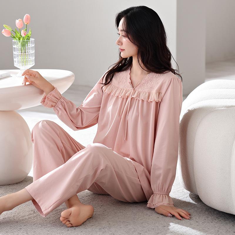 Pajamas Women'S Pure Cotton Long-Sleeved Pullover Sweet Lace Loungewear Can Be Worn Outside Casual Suit