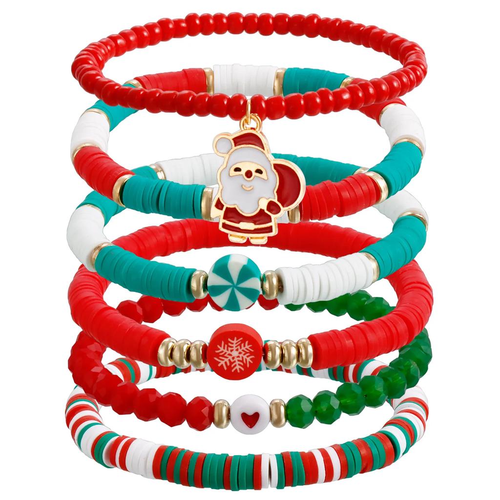 Y2K Polymer Clay Stackable Bracelet Set For Women Santa Claus Tree Elk Deer Snowflake Charm Beaded Bangle Christmas Jewelry