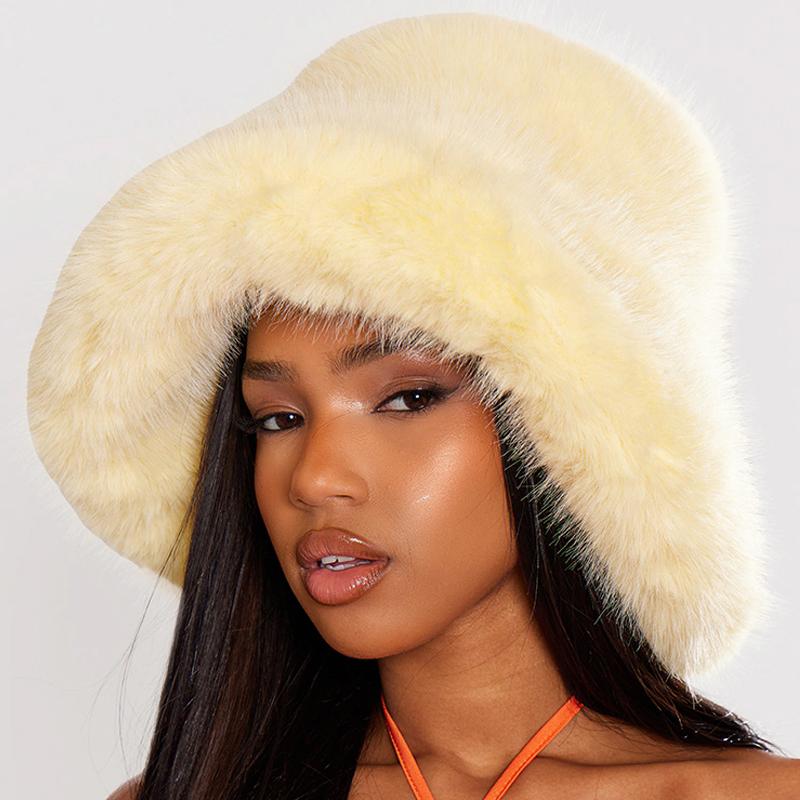 New Big Fluffy Faux Fur Bucket Hats For Women Luxury Plush Fisherman'S Hat Winter Warm Fashion Colorful And Gorgeous Party Hat