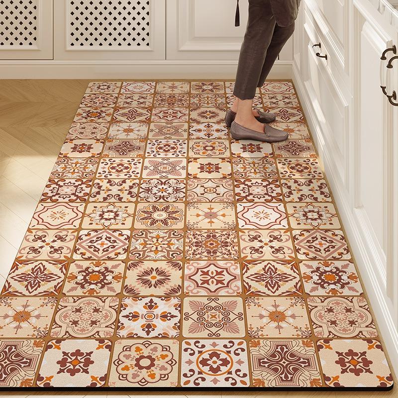 Kitchen Vinyl Carpet Large PVC Waterproof Leather Floor Mat Anti-slip Oil-proof Carpets Retro Home Decor Rug Alfombra De Cocina