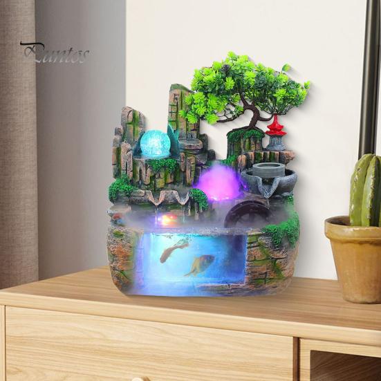Indoor Fountain Waterfall with LED Faux Crystal Ball Rockery Flowing Water Mini Fish Tank Decoration with Water Atomiser Living Room Home Office