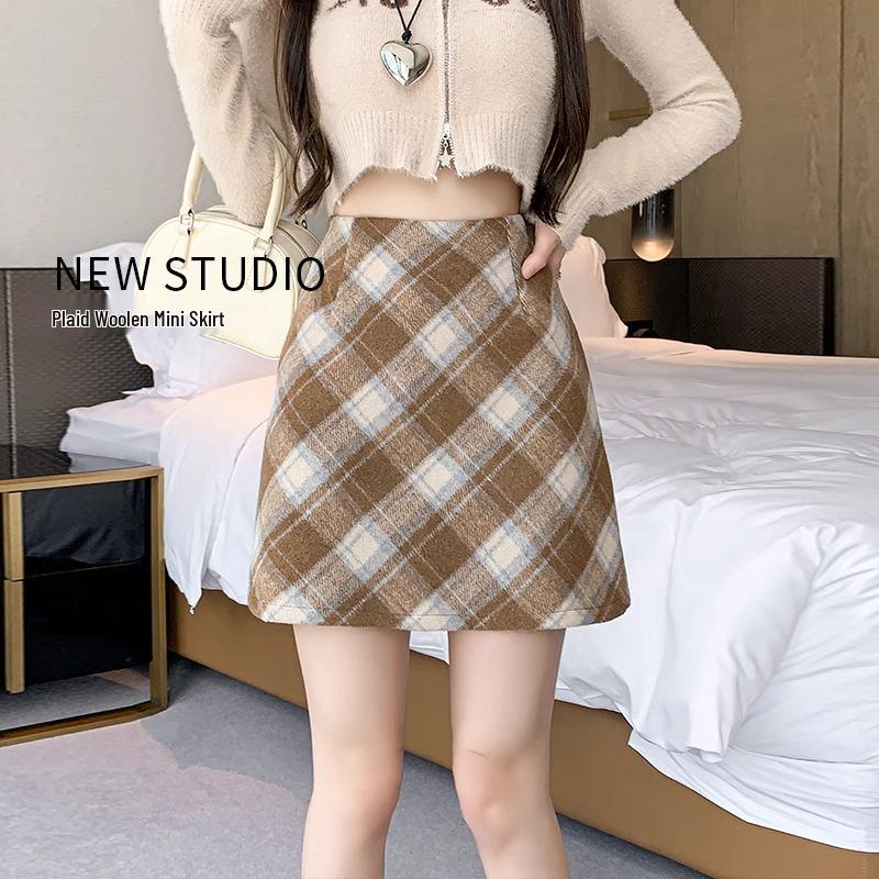 Women's Red Plaid Wool Midi Skirt: Spring Autumn Winter 2024, Slimming High Waist, A-line Bodycon Mini