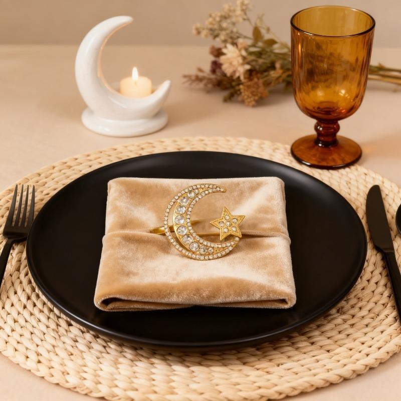 1-24PCGold Napkin Ring Set Star Moon Design Alloy Crystal Metal Hollow for Ramadan Celebration Holiday TablewareElegant Durable