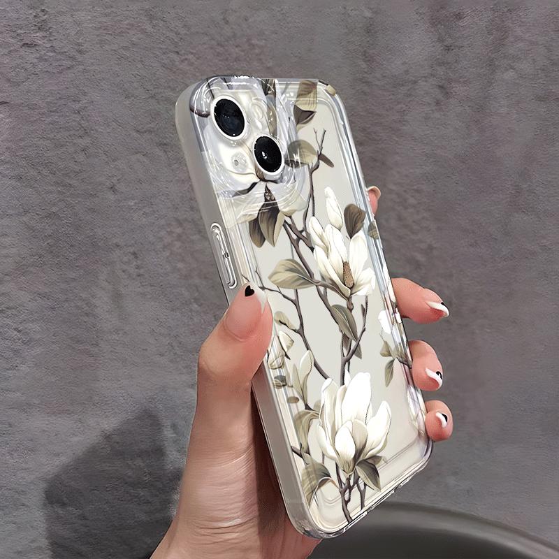 White Magnolia pattern phone case suitable for iPhone 17 16 15 14 13 12 11 Pro/Max/Plus anti drop and shockproof back cover