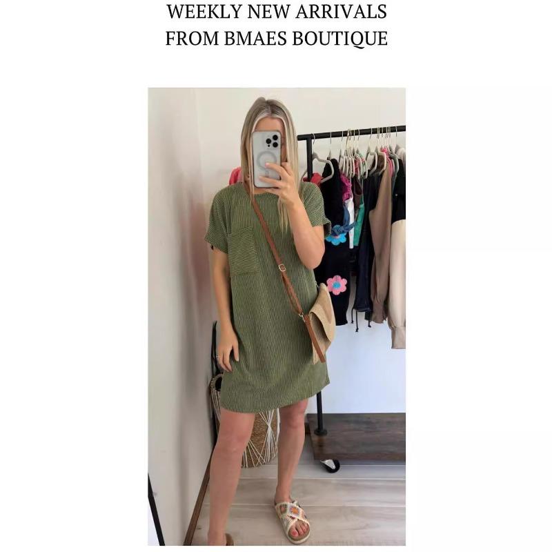Women's Summer Casual Color Contrast Wave Striped Short Sleeve Pocket Dress