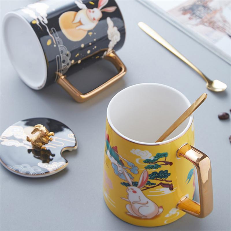 Europäische Keramik Katze Kaffeetasse – Niedliche Cartoon Frühstück Milch Tasse mit Löffel und Deckel