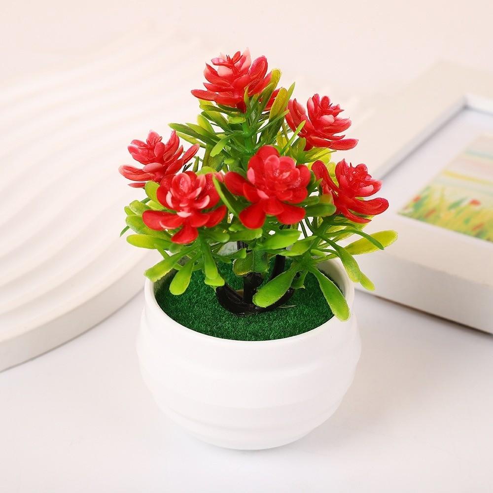 7 Flowers Artificial Potted Plant Small with White Pot Artificial Faux Plants Multi-Bloom Plastic Fake Flower Bonsai