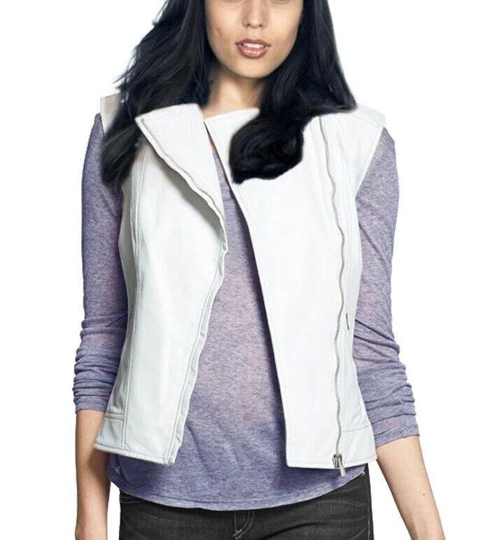 Zipper Women Waistcoat Lambskin White Stylish Party 100% Leather Vest Coat