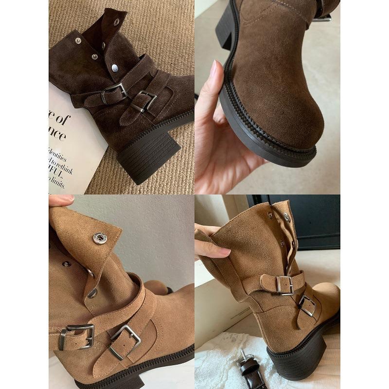 Cowhide Version~ Heightening .5 Martin Boots Women's Maillard Thick Heel Boots Thick-soled Buckle Short Boots