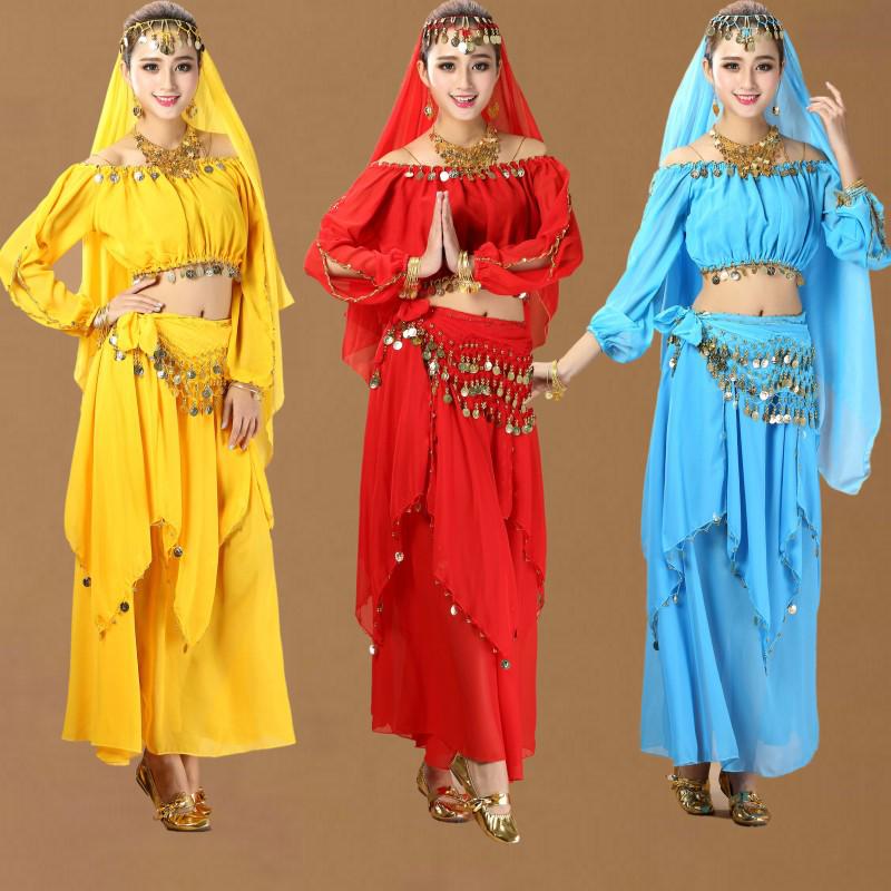 Traditional Ethnic Belly Dance Costume with Coin Skirt and Long Sleeves