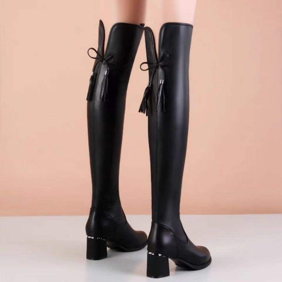 Lange Stiefel Damen Weiches Leder Elastische Stiefel Skinny Hohe Lederstiefel Herbst und Winter Samt Warme Mode Dicke Ferse Kniestiefel