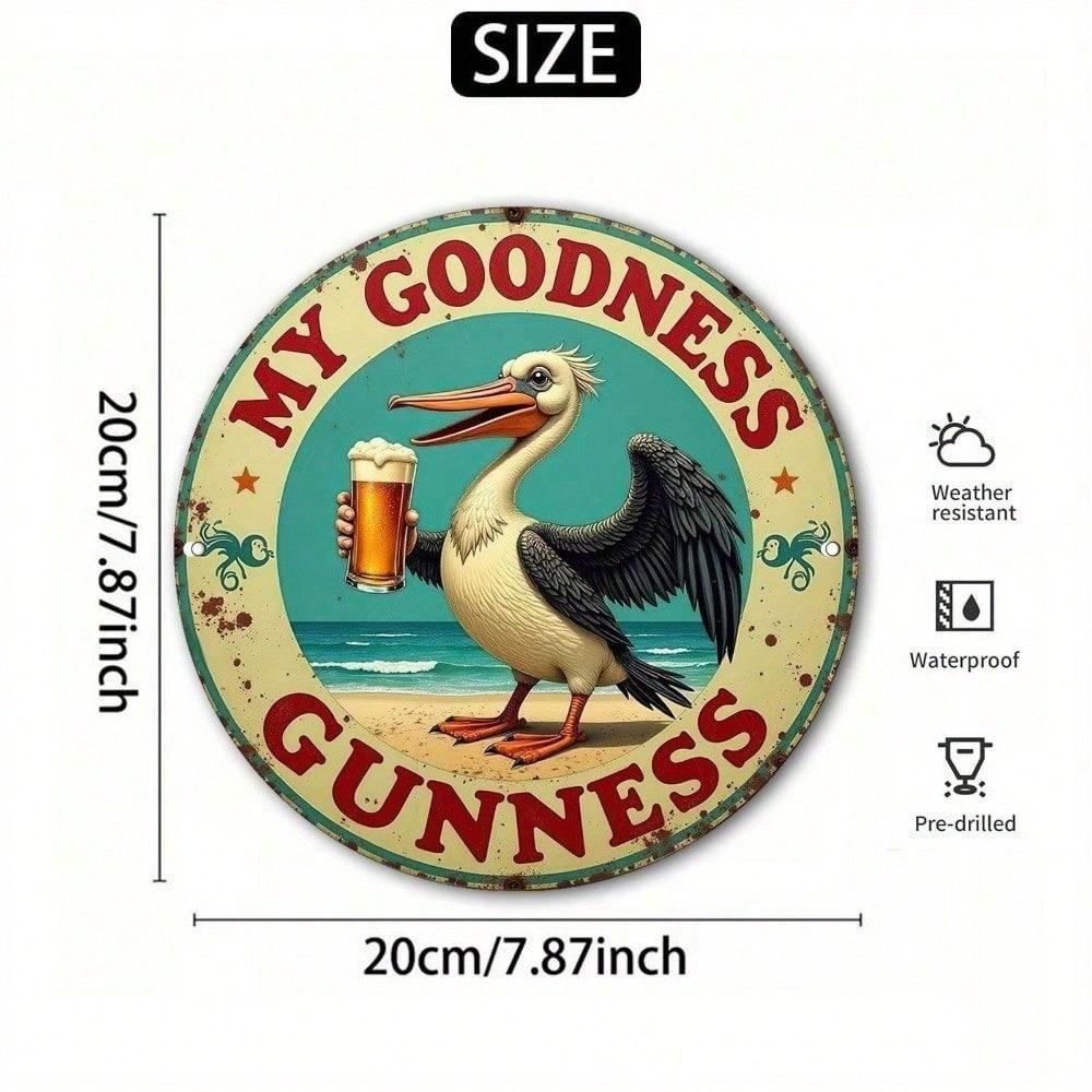 Vintage Metal Tin Sign 20x20cm - Pelican Holding Beer, Round Wall Decor for Bar, Pub, Garage, Man Cave