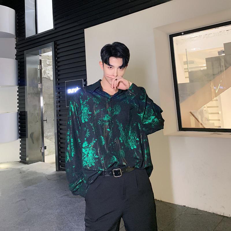 

Мужская блестящая рубашка в стиле вестерн с принтом ретро-розы - свободная, модная в стиле знаменитости, парикмахерская L зелёный