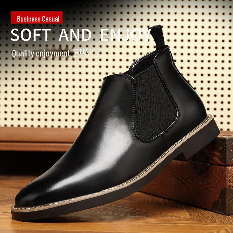 

Мужские кожаные ботинки челси в британском стиле большого размера — молодежные, универсальные, модные короткие ботинки без застежек 40 чёрный