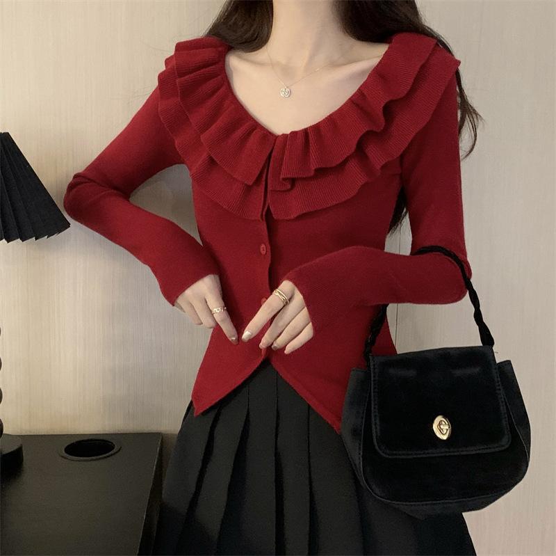 

Sweet ruffle V-neck red knitted cardigan women s autumn and winter slim-fit high-end thick sweater jacket one size fits all червоний