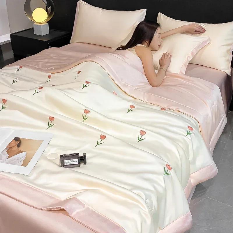High-end Embroidered Spring Summer Quilt 4 Pcs Set or 3 Pcs Set or 1 Pcs Luxury Skin- Friendly Summer Blanket Lightweight Duvet