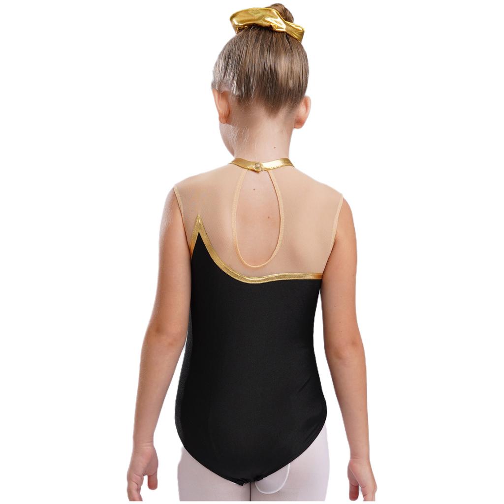 Girls Gymnastics Leotard: Metallic Striped Sheer Mesh Patchwork Keyhole Back Sleeveless Bodysuit for Dance Performance