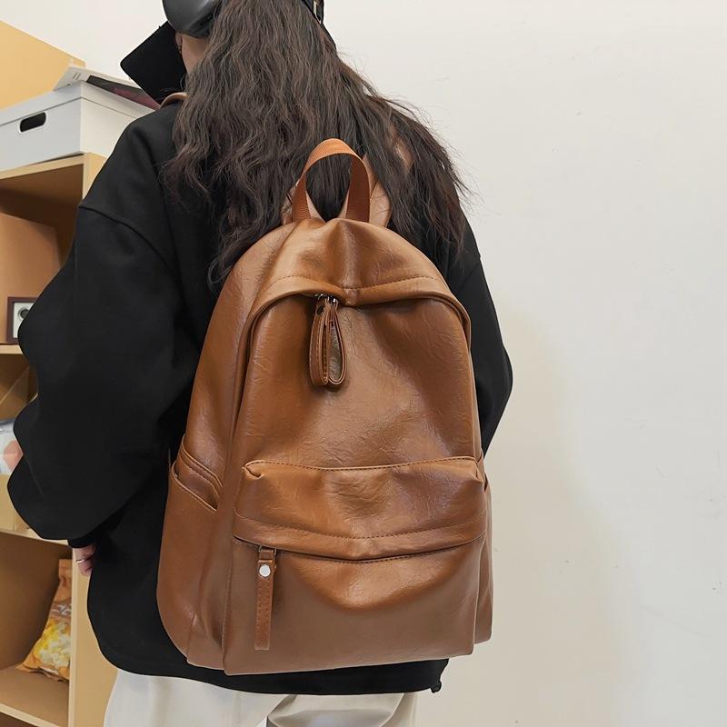 

Pu solid color simple daily commuter backpack spring new large capacity backpack travel bag коричневый