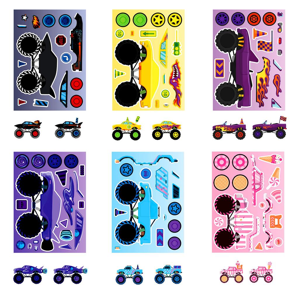 6 Sheets/Pack Racing Car Decoration Stickers Monster Truck Parts Puzzle Face Change Stickers Creative Hand Collage