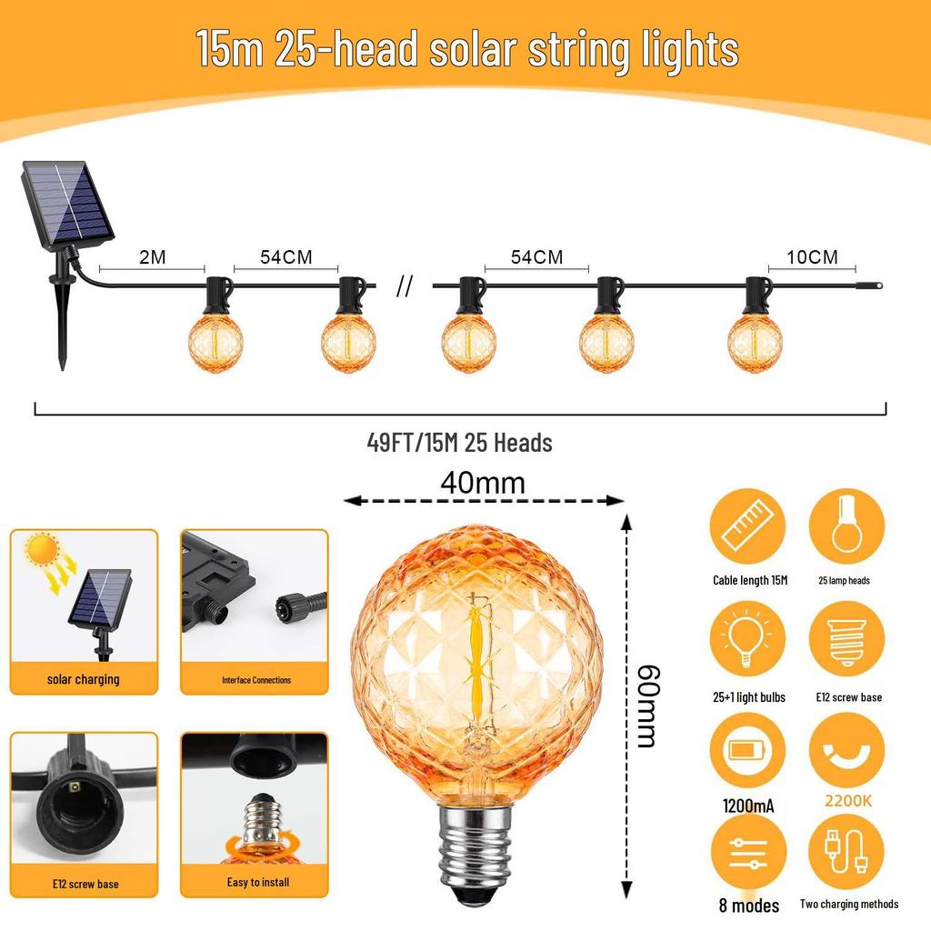 G40 Solar LED String Lights: Outdoor Copper Wire, Drop-Proof, Perfect for Atmosphere Decoration