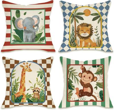 4Pcs Safari Animal Throw Pillow Covers Lion Elephant Giraffe Monkey Cushion Cases for Living Room Sofa Bedroom Kids Nursery Home