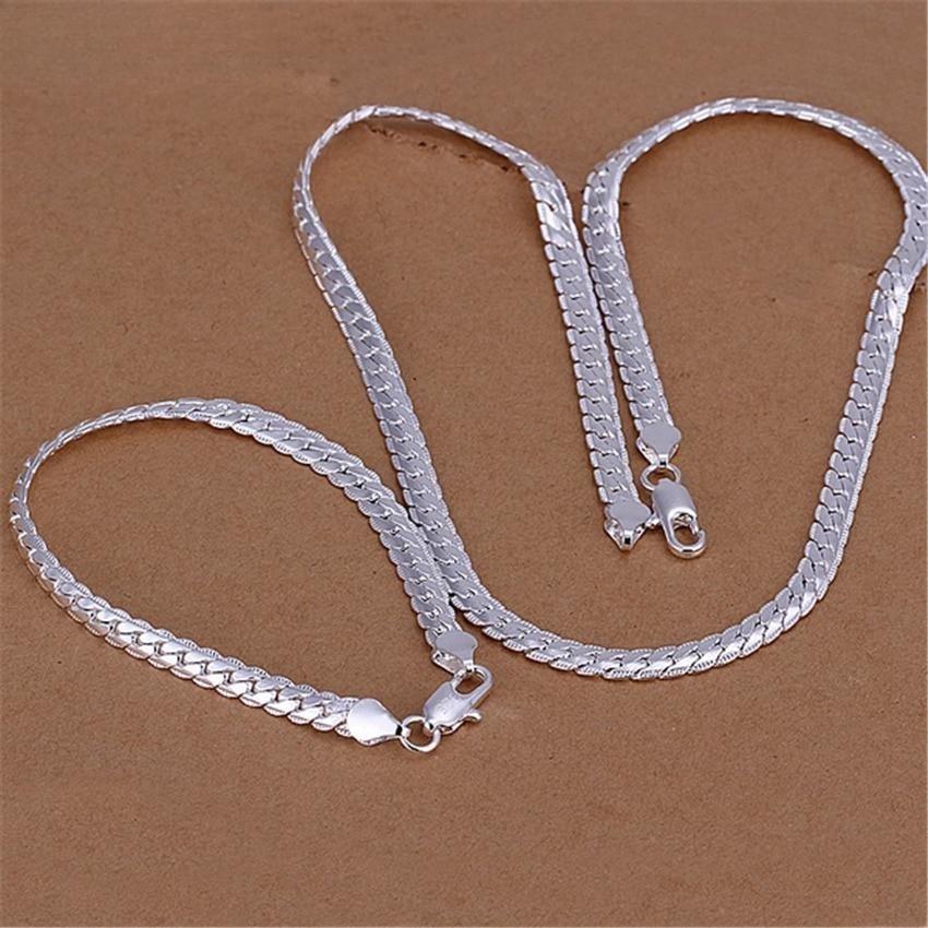925 Sterling Silver Christmas Gifts European Style Retro 6MM Flat Chain Necklace Bracelets Fashion Silver Jewelry Sets S085