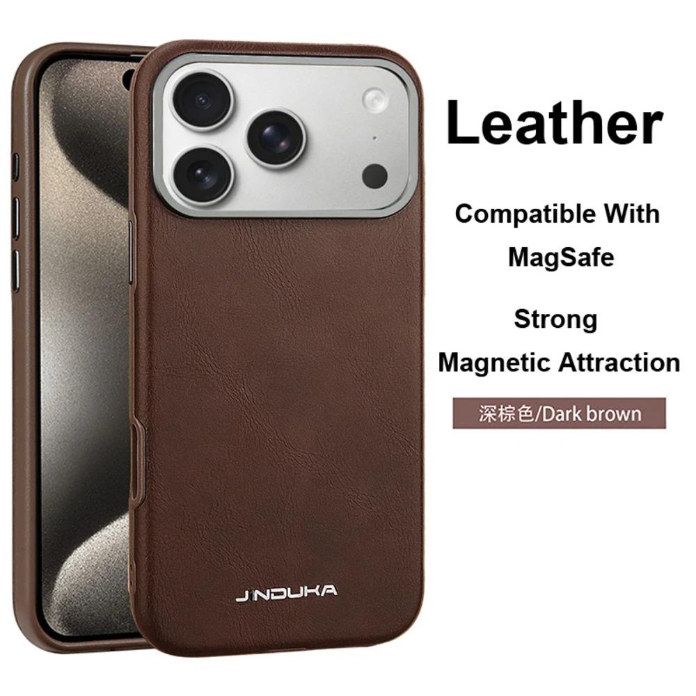 

Vintage Genuine Leather Phone Case For iPhone 17 16 15 14 Plus 13 12 Pro Max Metal Camera Lens Skin-Friendly Protective Cover iPhone 12 Pro Max темно-коричневого кольору
