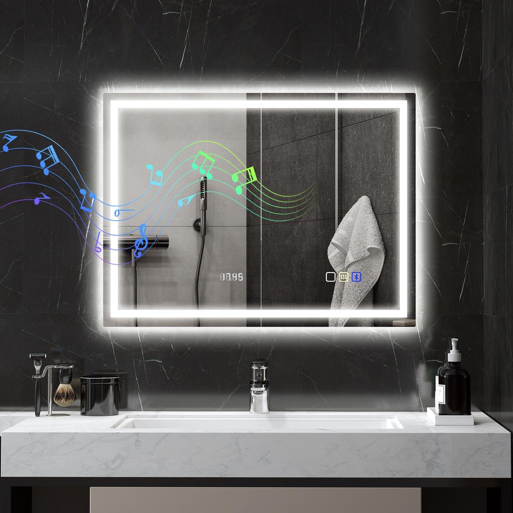 Bathroom Mirror with LED Lighting, Anti-Fog Pad, 3 Adjustable Colors, Clock, 600 x 800 mm, Silver