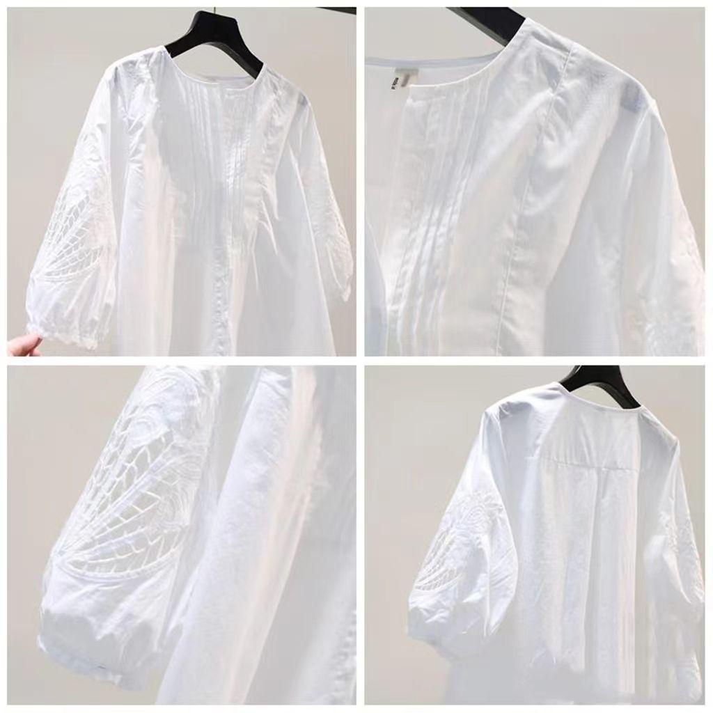 Sommerbluse mit lockerer Passform und Stickerei aus Baumwollstoff für Damen