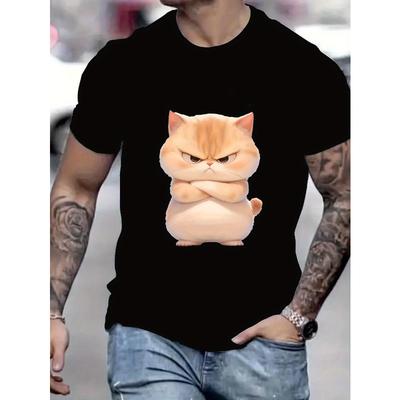 Taglie Europee T-shirt Nera a Maniche Corte da Uomo con Stampa Cartone Animato Gatto Arrabbiato – Divertente, Carina e Traspirante per l'Uso Casual Estivo,