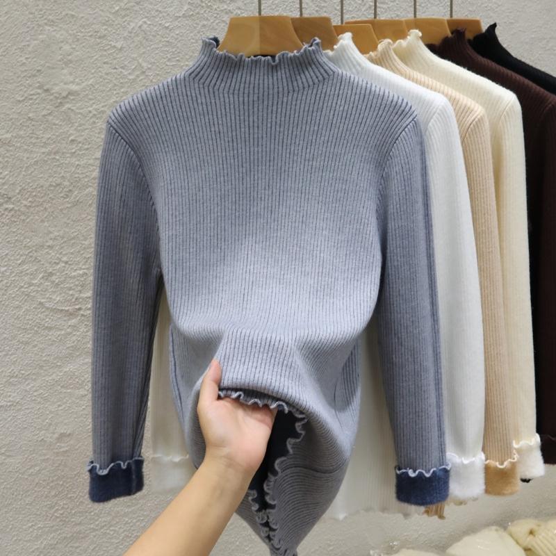 Half High Collar Warm Fleece Pullover Sweaters for Women Autumn and Winter Thick Knitted Sweater Solid Base Long Sleeve Casual Ladies Knitwears 24951