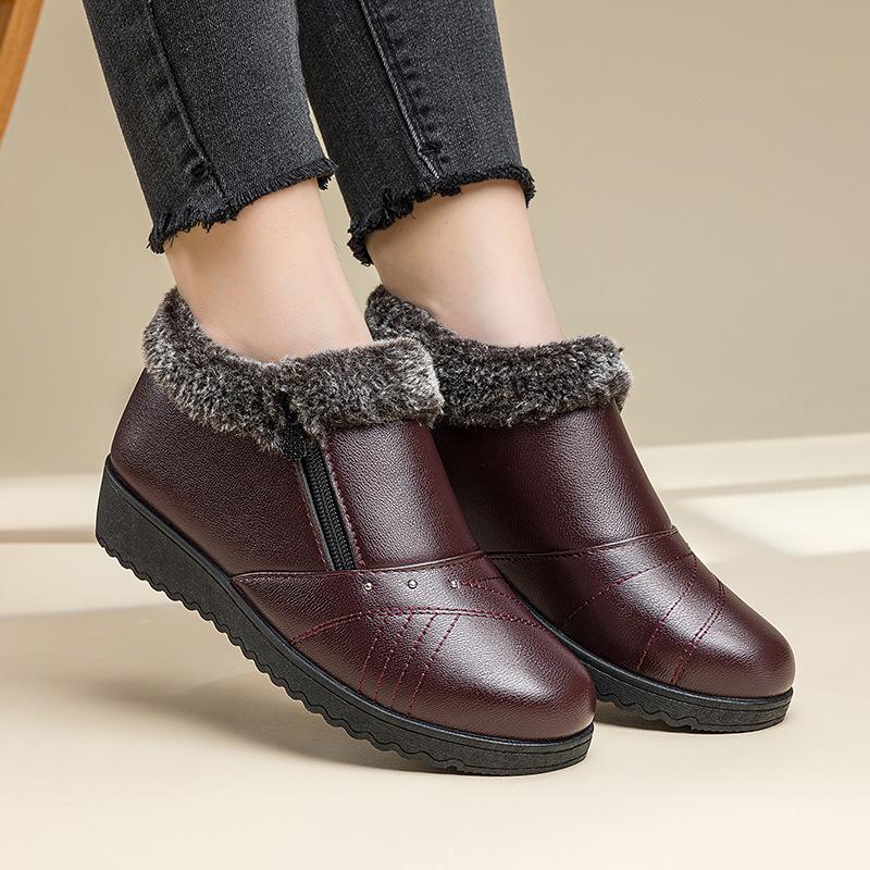 Women's Winter Plus Velvet Thickened Non-Slip Waterproof Leather Shoes for Middle-Aged and Elderly