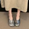 Woman Mules Slippers Flat Silver Sandals Sequins Shoes for Women Pvc Korea Style Low Price Chic and Elegant Casual 40 New Slides