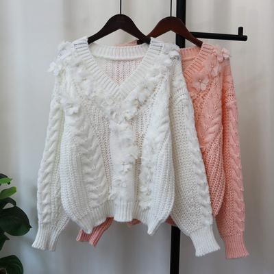 Autumn and Winter New Three-dimensional Flower Knitted Sweater Top V-neck Loose Sweet Gentle Wind Sweater Pullover Woman