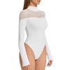 Sexy Mesh Patchwork Slim-Fit Bodysuit with High Neck and Long Sleeves