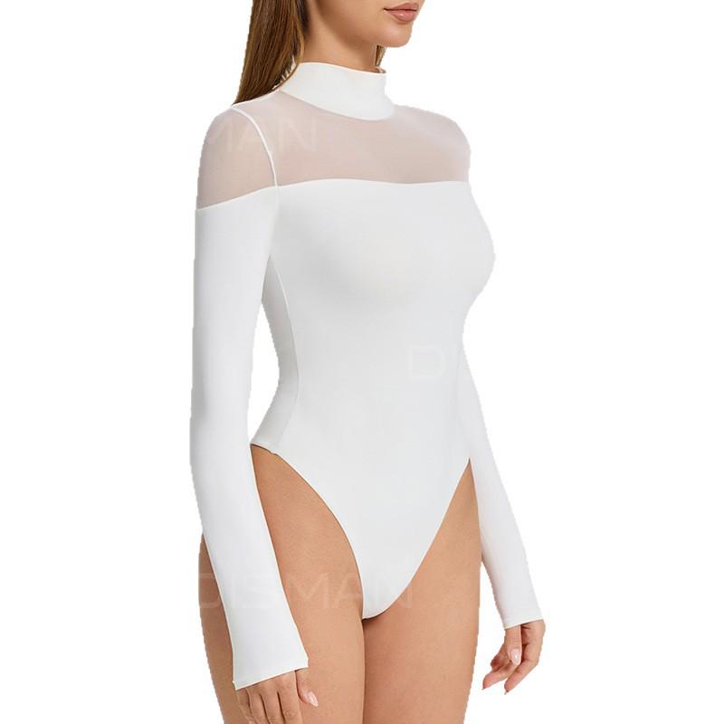 Sexy Mesh Patchwork Slim-Fit Bodysuit with High Neck and Long Sleeves