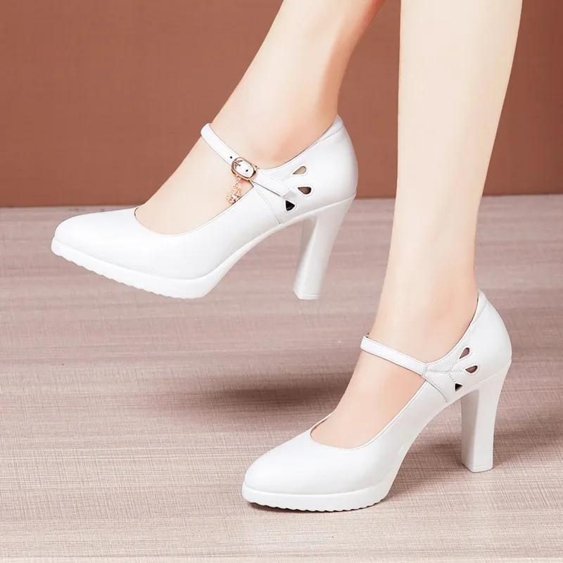 6 8 10cm Small Size 32-43 Shallolw Genuine Leather Shoes Mary Janes 2025 Fall Block High Heels Shoes Platform for Office Dress