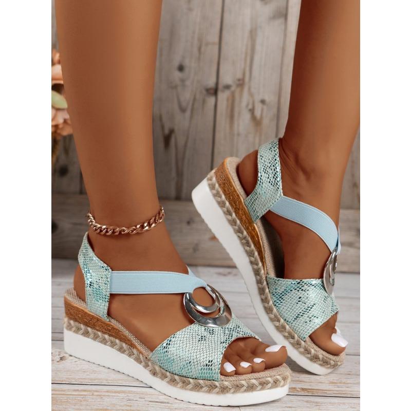 

Летние новые сандалии на танкетке с узором змеи, женские сандалии на платформе с плетеным дном и открытым носком, часто 43 светло-синий